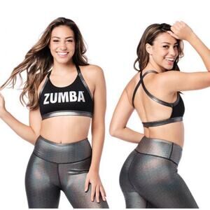 NWT Zumba Fitness Black Metallic Logo Sports Bra